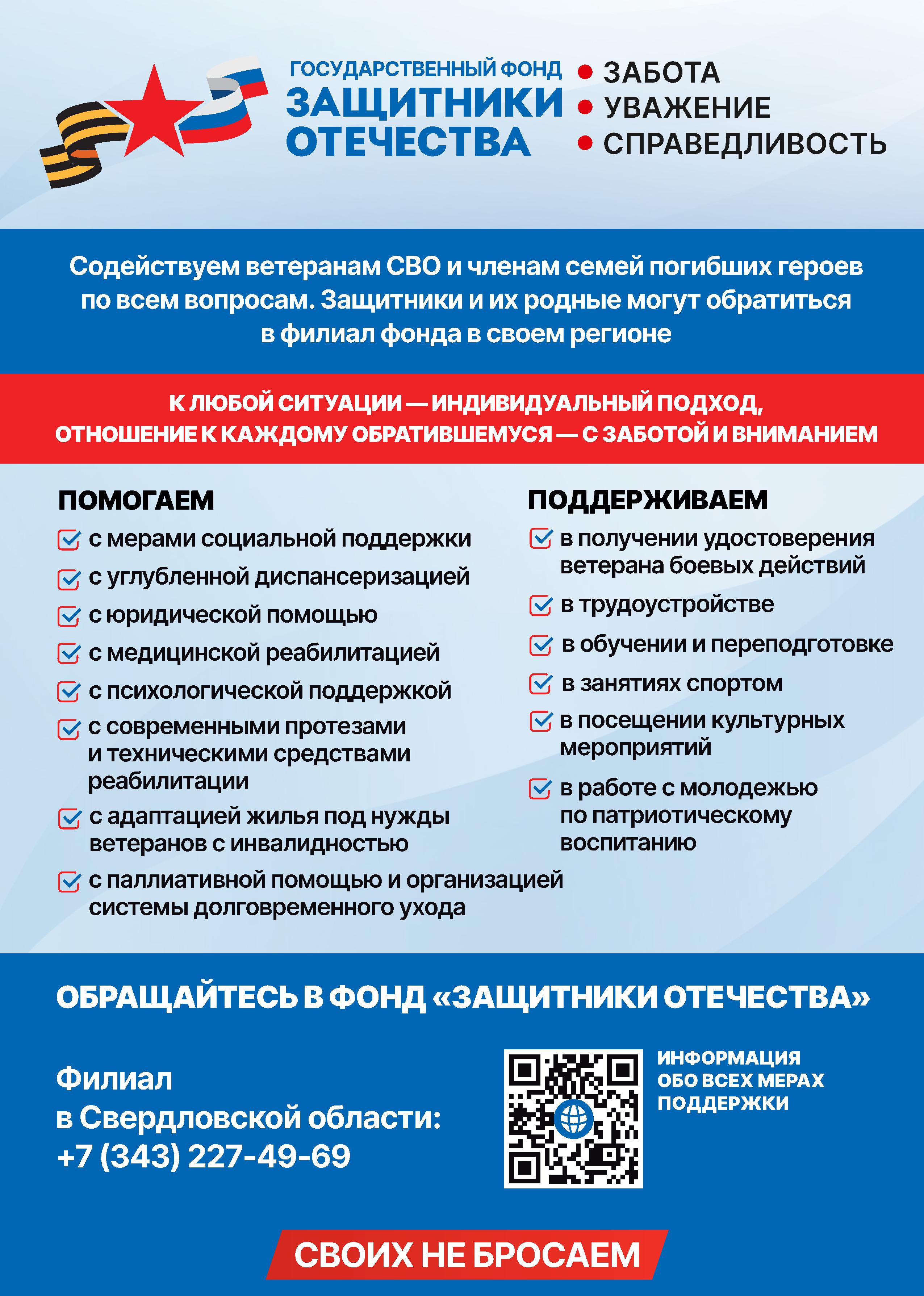 Памятка фонда «Защитники Отечества» с перечнем мер поддержки и телефоном филиала в Свердловской области