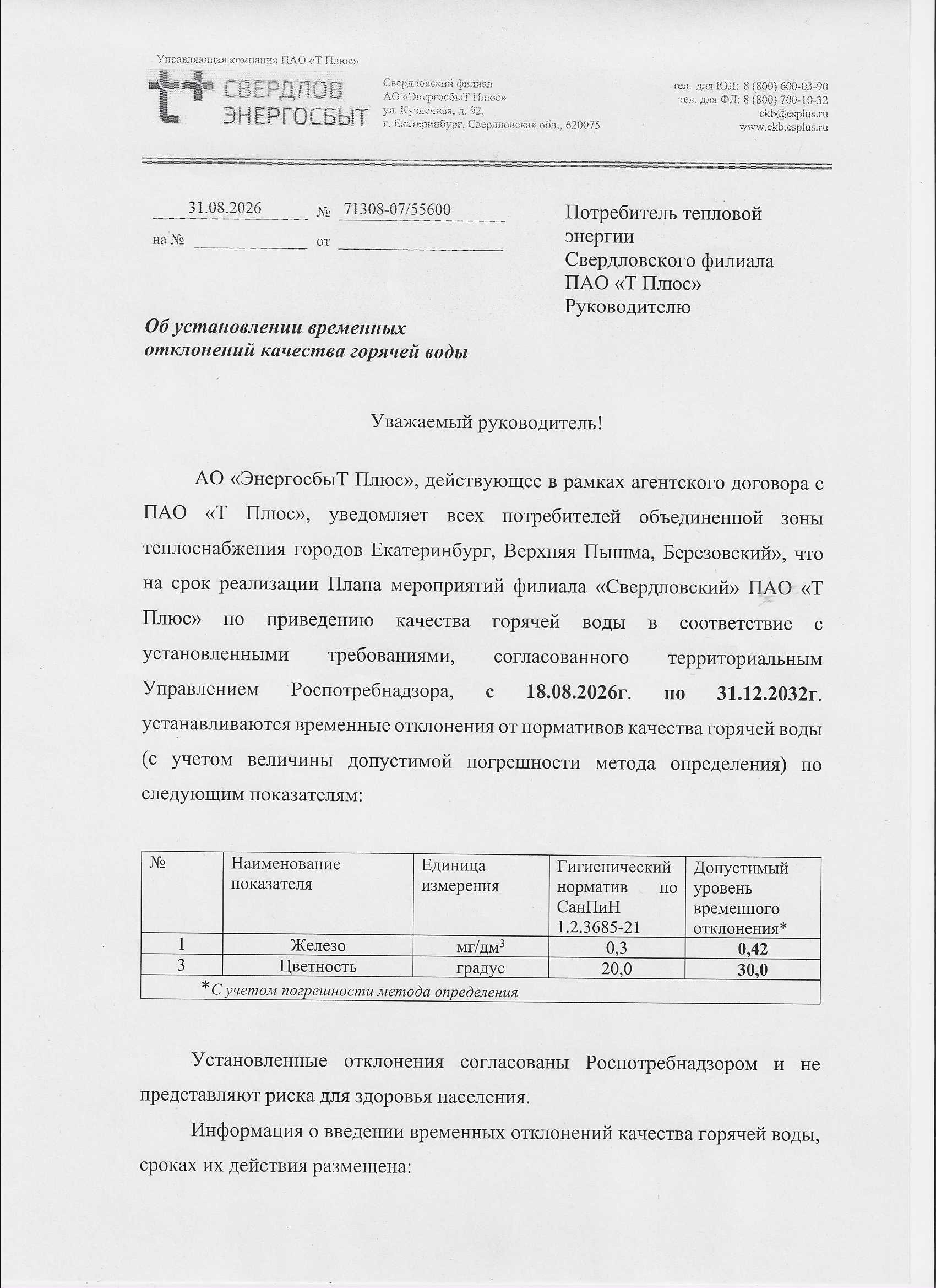 Первый лист уведомления о временных отклонениях качества горячей воды